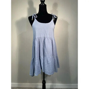 Aerie Blue Babydoll Tiered Mini Dress with Metallic Striping